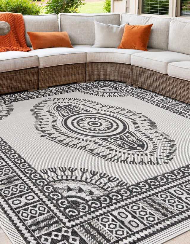 White and Black 7' 10 x 7' 10 Outdoor Traditional Square Area Rug Weather Resistant for Patio, Deck, Terrace, Balcony, Porch Classical Design Outside Carpet for Sale at Rug Engine