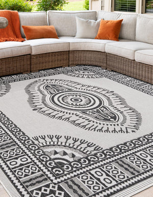 White and Black 12' x 12' Outdoor Traditional Square Area Rug Weather Resistant for Patio, Deck, Terrace, Balcony, Porch Classical Design Outside Carpet for Sale at Rug Engine