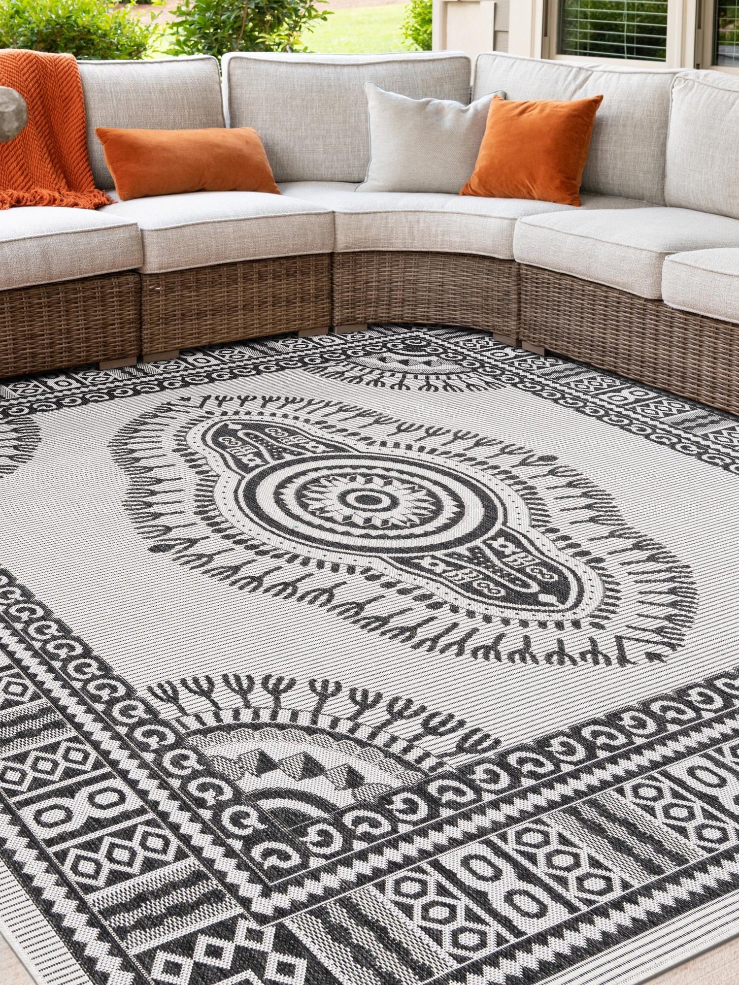 White and Black 10' x 10' Outdoor Traditional Square Area Rug Weather Resistant for Patio, Deck, Terrace, Balcony, Porch Classical Design Outside Carpet for Sale at Rug Engine