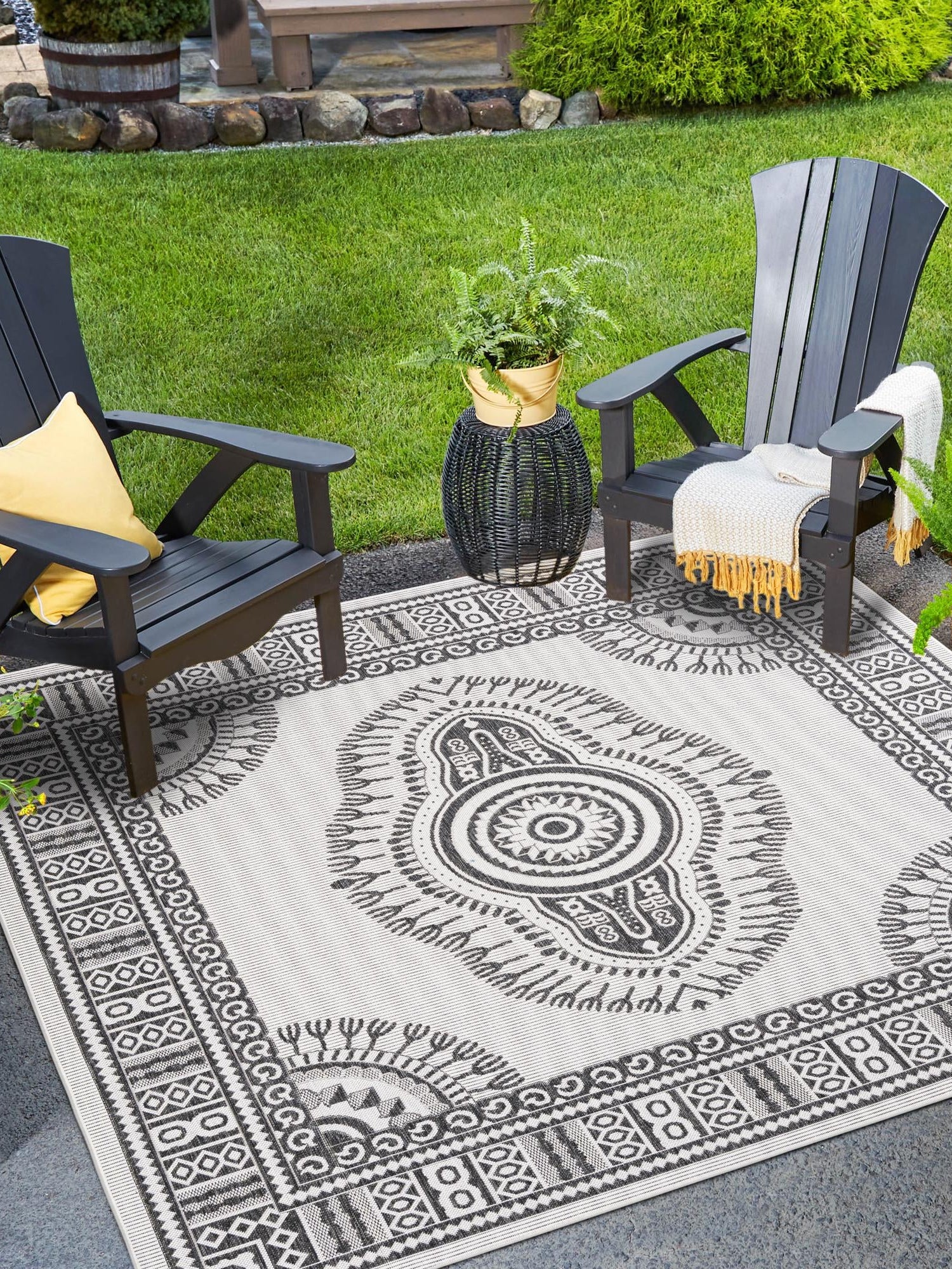 White and Black 10' x 10' Outdoor Traditional Square Area Rug Weather Resistant for Patio, Deck, Terrace, Balcony, Porch Classical Design Outside Carpet for Sale at Rug Engine