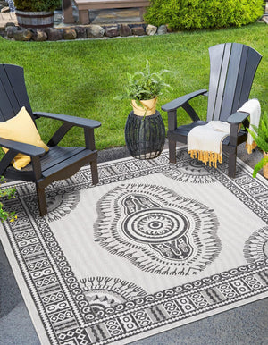 White and Black 10' x 10' Outdoor Traditional Square Area Rug Weather Resistant for Patio, Deck, Terrace, Balcony, Porch Classical Design Outside Carpet for Sale at Rug Engine
