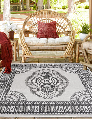 White and Black 7' 10 x 7' 10 Outdoor Traditional Square Area Rug Weather Resistant for Patio, Deck, Terrace, Balcony, Porch Classical Design Outside Carpet for Sale at Rug Engine