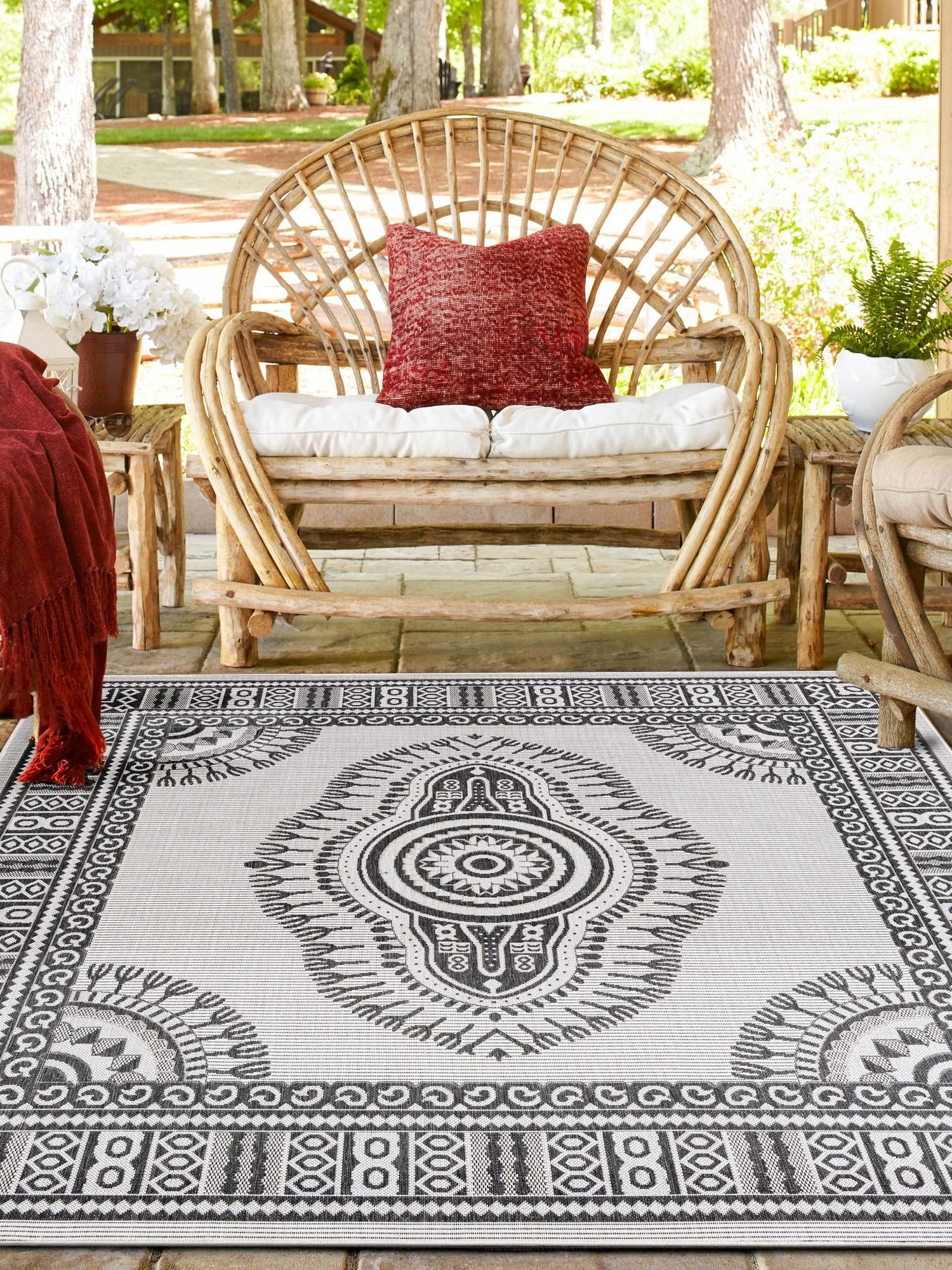 White and Black 10' x 10' Outdoor Traditional Square Area Rug Weather Resistant for Patio, Deck, Terrace, Balcony, Porch Classical Design Outside Carpet for Sale at Rug Engine