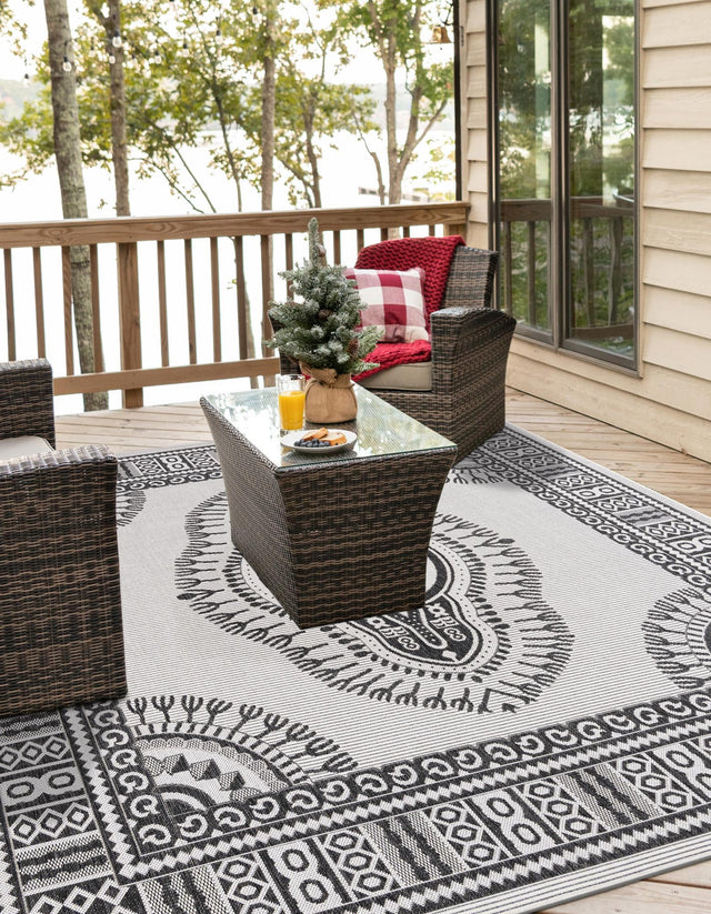 White and Black 7' 10 x 7' 10 Outdoor Traditional Square Area Rug Weather Resistant for Patio, Deck, Terrace, Balcony, Porch Classical Design Outside Carpet for Sale at Rug Engine