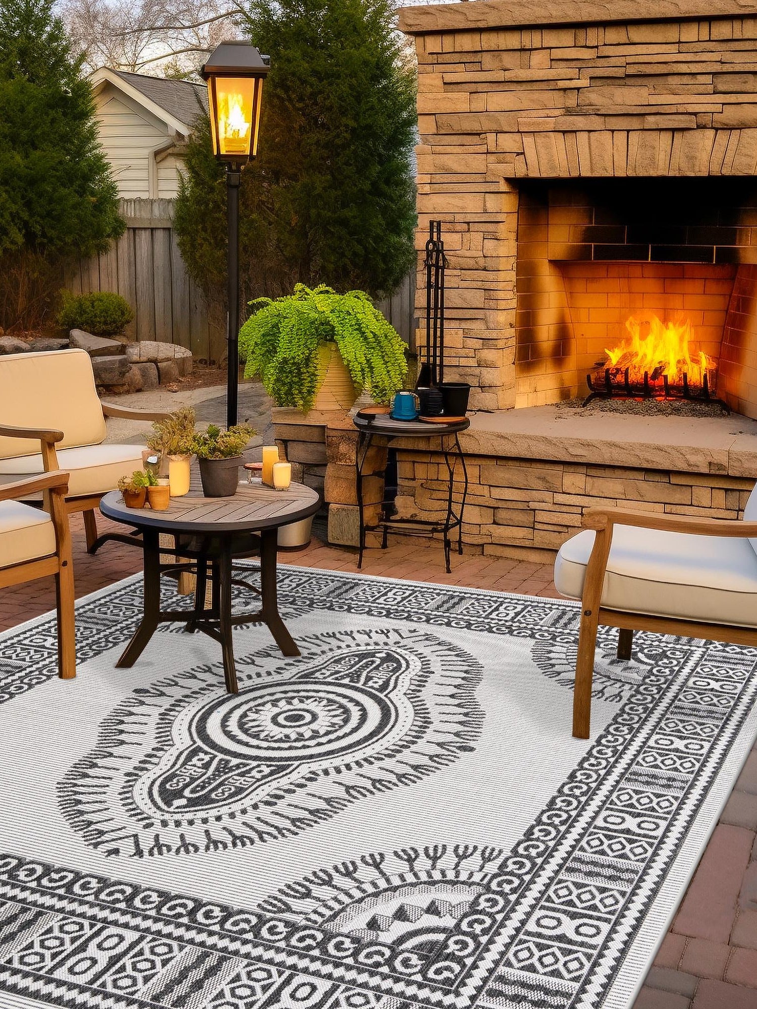 White and Black 10' x 10' Outdoor Traditional Square Area Rug Weather Resistant for Patio, Deck, Terrace, Balcony, Porch Classical Design Outside Carpet for Sale at Rug Engine