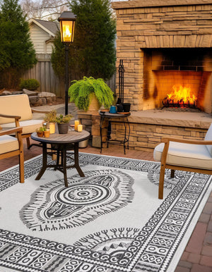 White and Black 10' x 10' Outdoor Traditional Square Area Rug Weather Resistant for Patio, Deck, Terrace, Balcony, Porch Classical Design Outside Carpet for Sale at Rug Engine