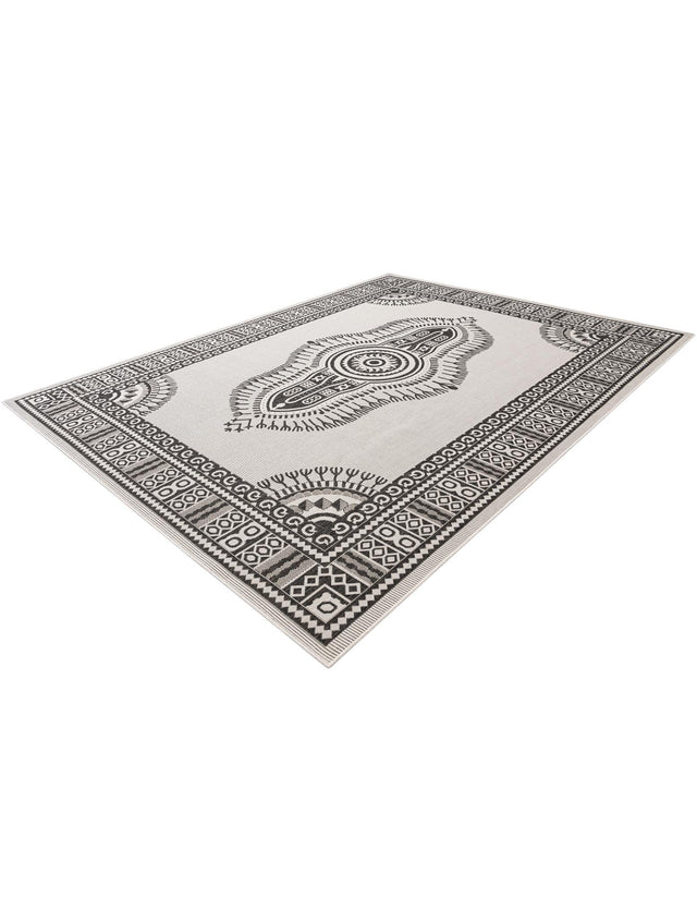 White and Black 9' x 12' Outdoor Traditional Rectangle Area Rug Weather Resistant for Patio, Deck, Terrace, Balcony, Porch Classical Design Outside Carpet for Sale at Rug Engine