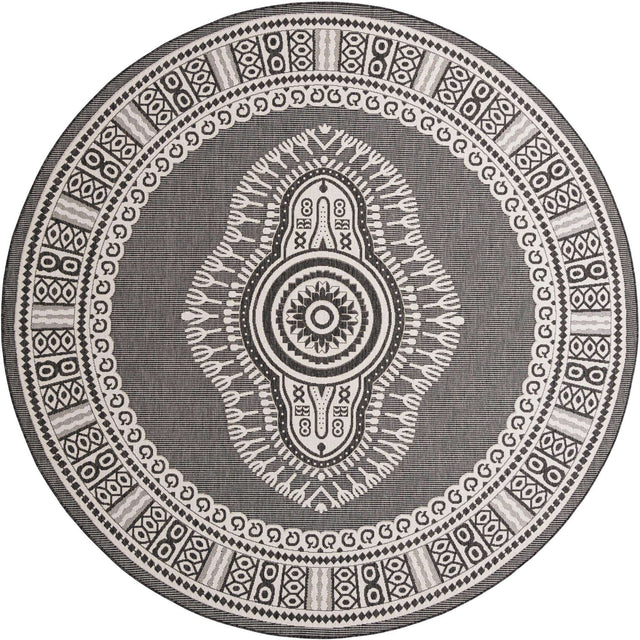 Black and White 10' x 10' Outdoor Traditional Round Area Rug Weather Resistant for Patio, Deck, Terrace, Balcony, Porch Classical Design Outside Carpet for Sale at Rug Engine