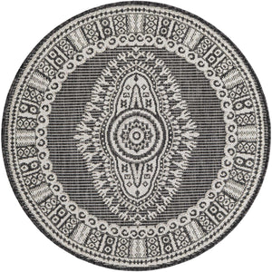 Black and White 3' 1 x 3' 1 Outdoor Traditional Round Area Rug Weather Resistant for Patio, Deck, Terrace, Balcony, Porch Classical Design Outside Carpet for Sale at Rug Engine