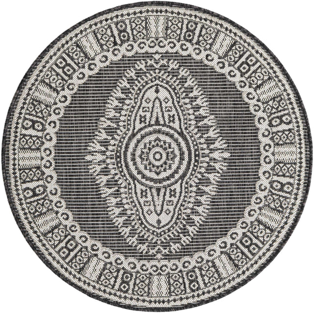 Black and White 3' 1 x 3' 1 Outdoor Traditional Round Area Rug Weather Resistant for Patio, Deck, Terrace, Balcony, Porch Classical Design Outside Carpet for Sale at Rug Engine