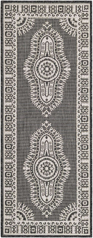 Black and White 2' x 5' 3 Outdoor Traditional Runner Area Rug Weather Resistant for Patio, Deck, Terrace, Balcony, Porch Classical Design Outside Carpet for Sale at Rug Engine
