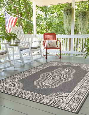 Black and White 7' 10 x 10' Outdoor Traditional Rectangle Area Rug Weather Resistant for Patio, Deck, Terrace, Balcony, Porch Classical Design Outside Carpet for Sale at Rug Engine