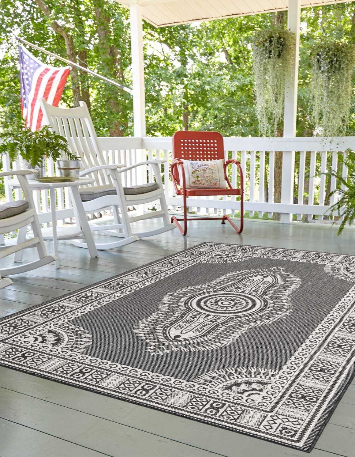 Black and White 5' 3 x 7' 1 Outdoor Traditional Rectangle Area Rug Weather Resistant for Patio, Deck, Terrace, Balcony, Porch Classical Design Outside Carpet for Sale at Rug Engine