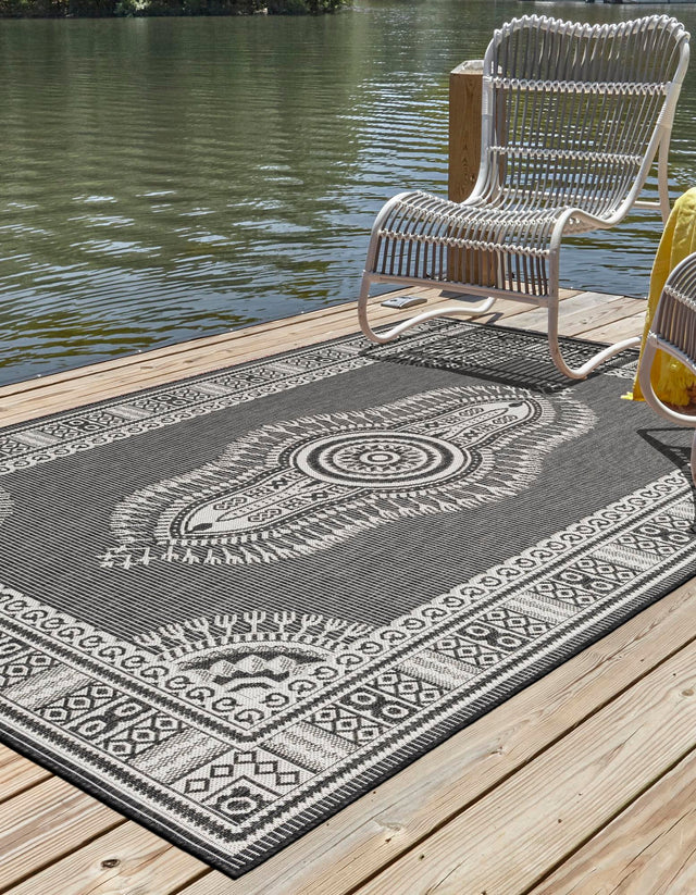 Black and White 6' 1 x 9' Outdoor Traditional Rectangle Area Rug Weather Resistant for Patio, Deck, Terrace, Balcony, Porch Classical Design Outside Carpet for Sale at Rug Engine