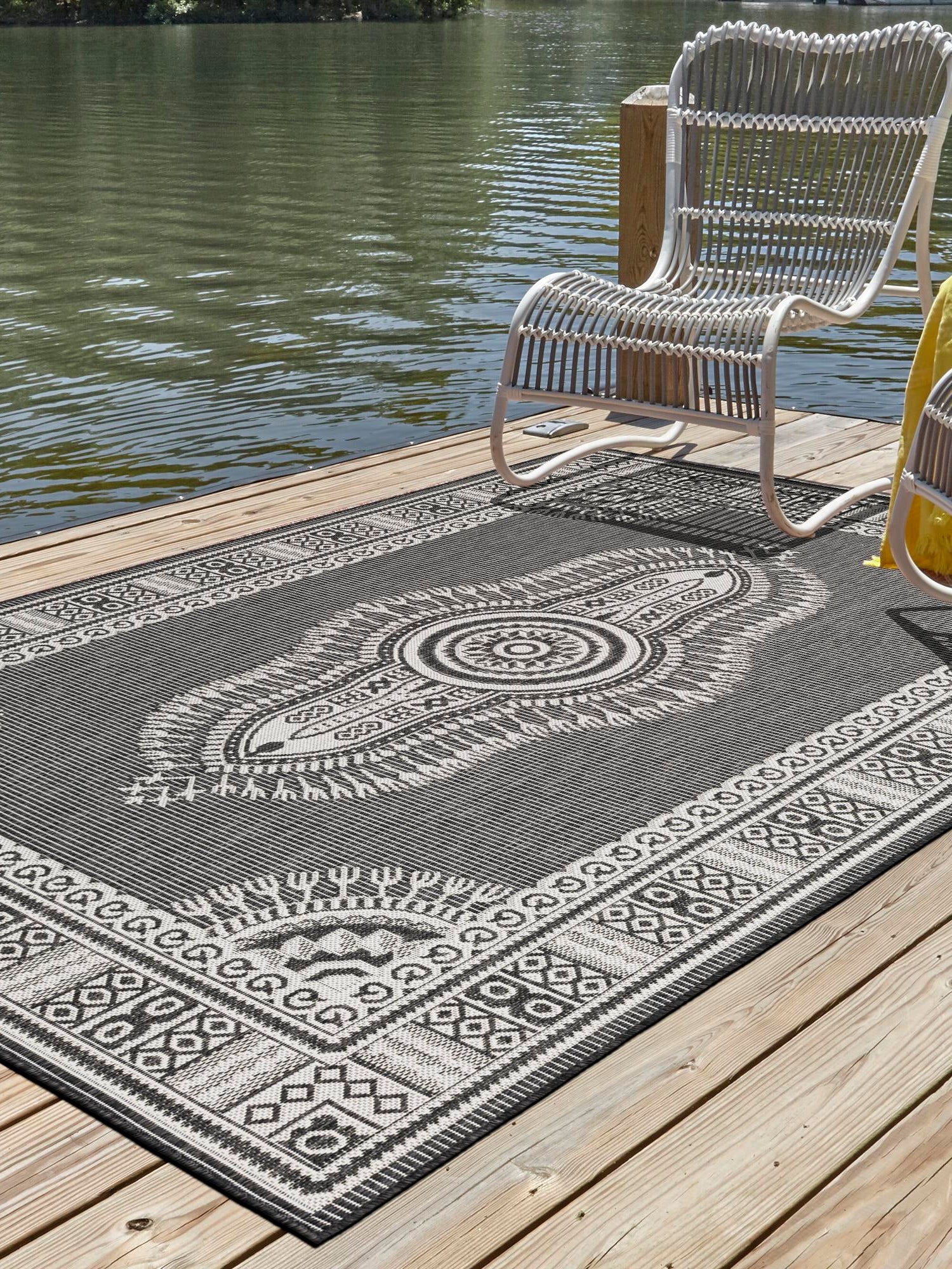 Black and White 5' 3 x 7' 1 Outdoor Traditional Rectangle Area Rug Weather Resistant for Patio, Deck, Terrace, Balcony, Porch Classical Design Outside Carpet for Sale at Rug Engine