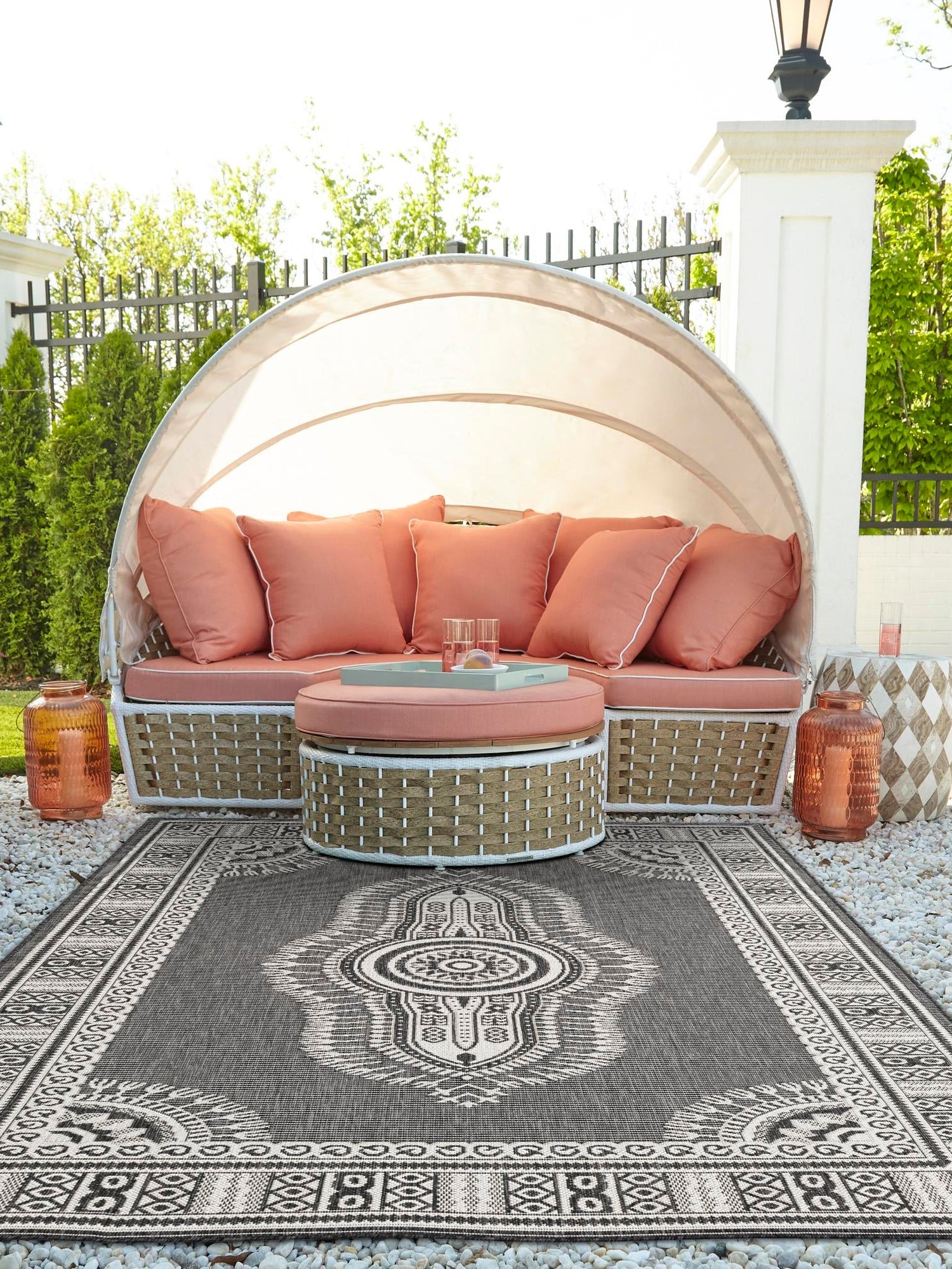 Black and White 7' 10 x 10' Outdoor Traditional Rectangle Area Rug Weather Resistant for Patio, Deck, Terrace, Balcony, Porch Classical Design Outside Carpet for Sale at Rug Engine