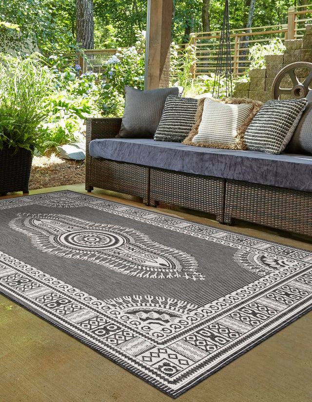 Black and White 4' 1 x 6' 1 Outdoor Traditional Rectangle Area Rug Weather Resistant for Patio, Deck, Terrace, Balcony, Porch Classical Design Outside Carpet for Sale at Rug Engine