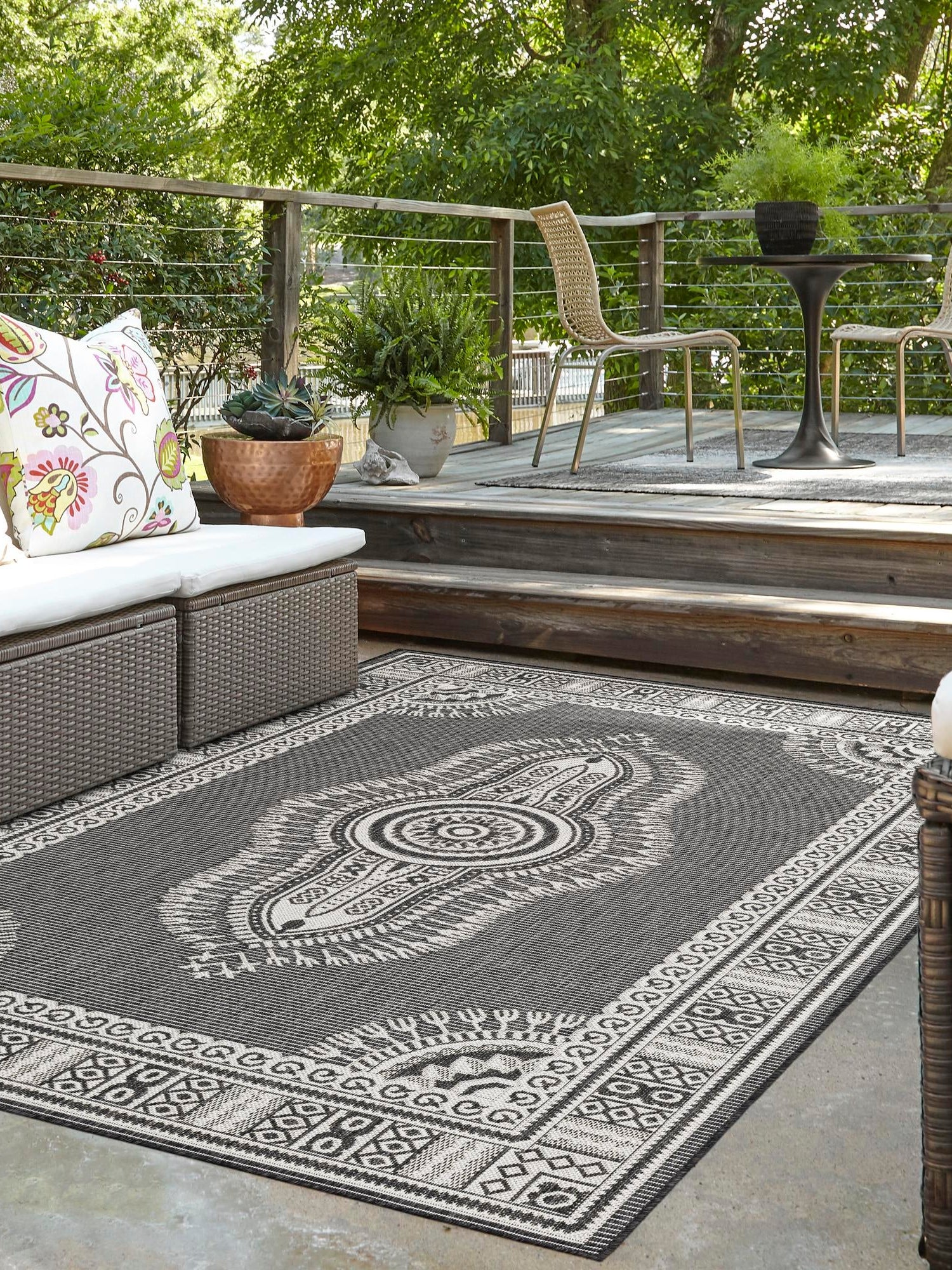Black and White 4' 1 x 6' 1 Outdoor Traditional Rectangle Area Rug Weather Resistant for Patio, Deck, Terrace, Balcony, Porch Classical Design Outside Carpet for Sale at Rug Engine