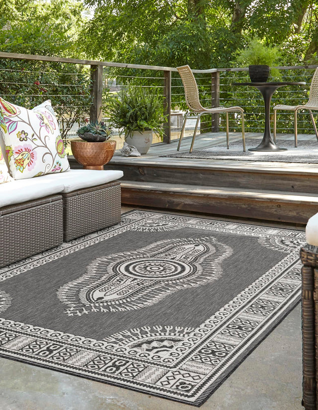 Black and White 4' 1 x 6' 1 Outdoor Traditional Rectangle Area Rug Weather Resistant for Patio, Deck, Terrace, Balcony, Porch Classical Design Outside Carpet for Sale at Rug Engine