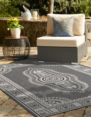 Black and White 6' 1 x 9' Outdoor Traditional Rectangle Area Rug Weather Resistant for Patio, Deck, Terrace, Balcony, Porch Classical Design Outside Carpet for Sale at Rug Engine