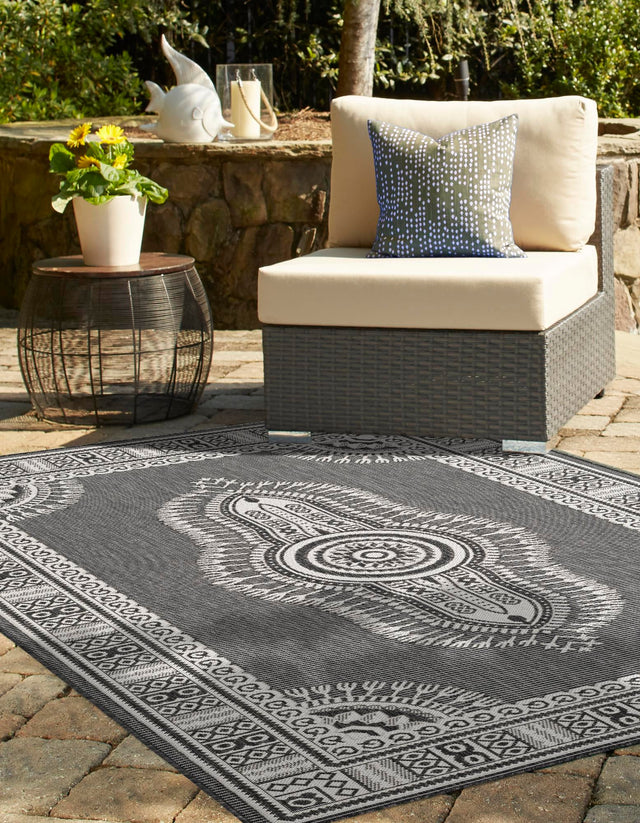 Black and White 7' 10 x 10' Outdoor Traditional Rectangle Area Rug Weather Resistant for Patio, Deck, Terrace, Balcony, Porch Classical Design Outside Carpet for Sale at Rug Engine
