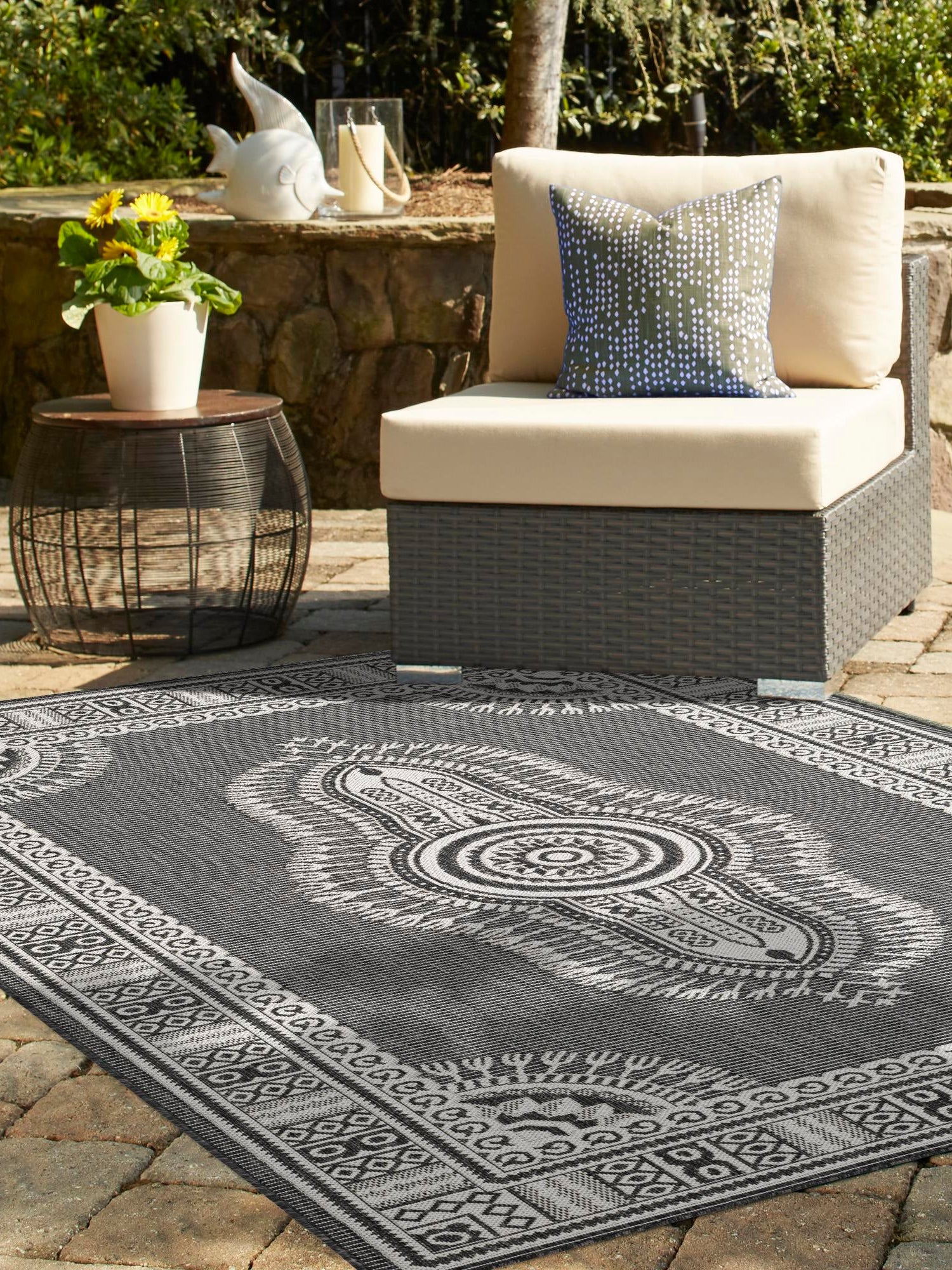 Black and White 5' 3 x 8' Outdoor Traditional Rectangle Area Rug Weather Resistant for Patio, Deck, Terrace, Balcony, Porch Classical Design Outside Carpet for Sale at Rug Engine
