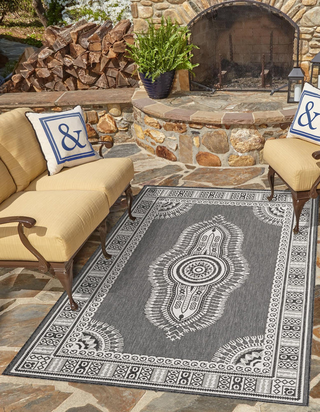 Black and White 6' 1 x 9' Outdoor Traditional Rectangle Area Rug Weather Resistant for Patio, Deck, Terrace, Balcony, Porch Classical Design Outside Carpet for Sale at Rug Engine