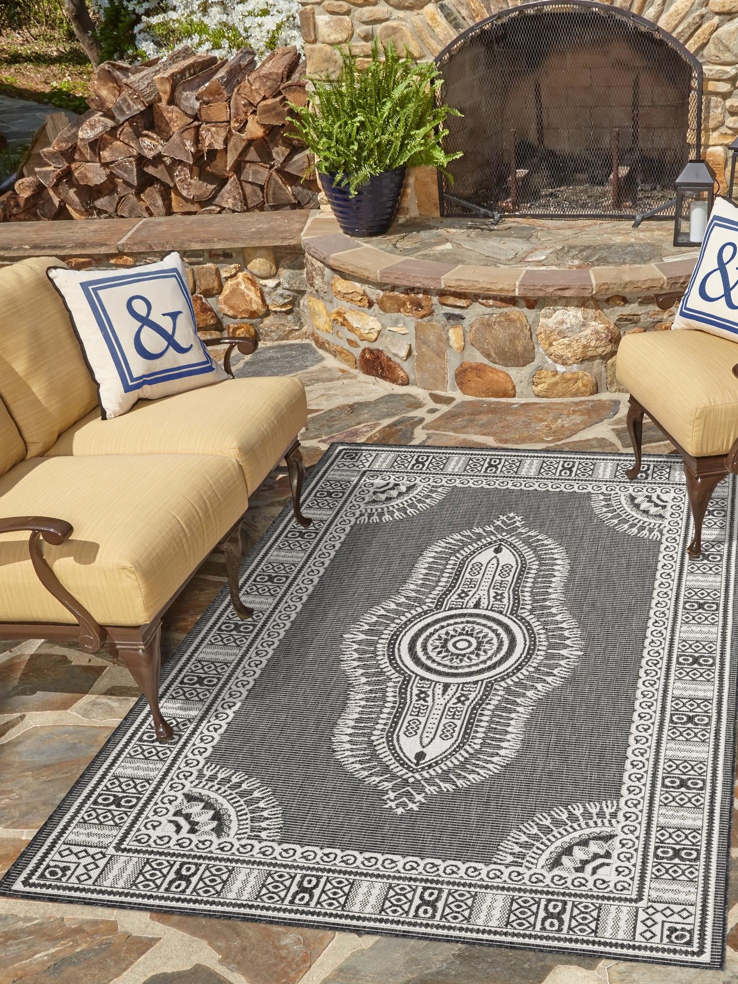 Black and White 5' 3 x 8' Outdoor Traditional Rectangle Area Rug Weather Resistant for Patio, Deck, Terrace, Balcony, Porch Classical Design Outside Carpet for Sale at Rug Engine