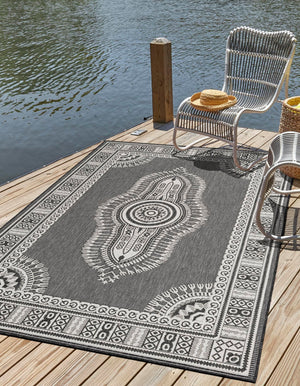 Black and White 4' 1 x 6' 1 Outdoor Traditional Rectangle Area Rug Weather Resistant for Patio, Deck, Terrace, Balcony, Porch Classical Design Outside Carpet for Sale at Rug Engine