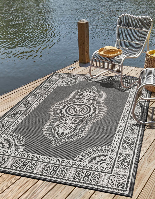 Black and White 4' 1 x 6' 1 Outdoor Traditional Rectangle Area Rug Weather Resistant for Patio, Deck, Terrace, Balcony, Porch Classical Design Outside Carpet for Sale at Rug Engine