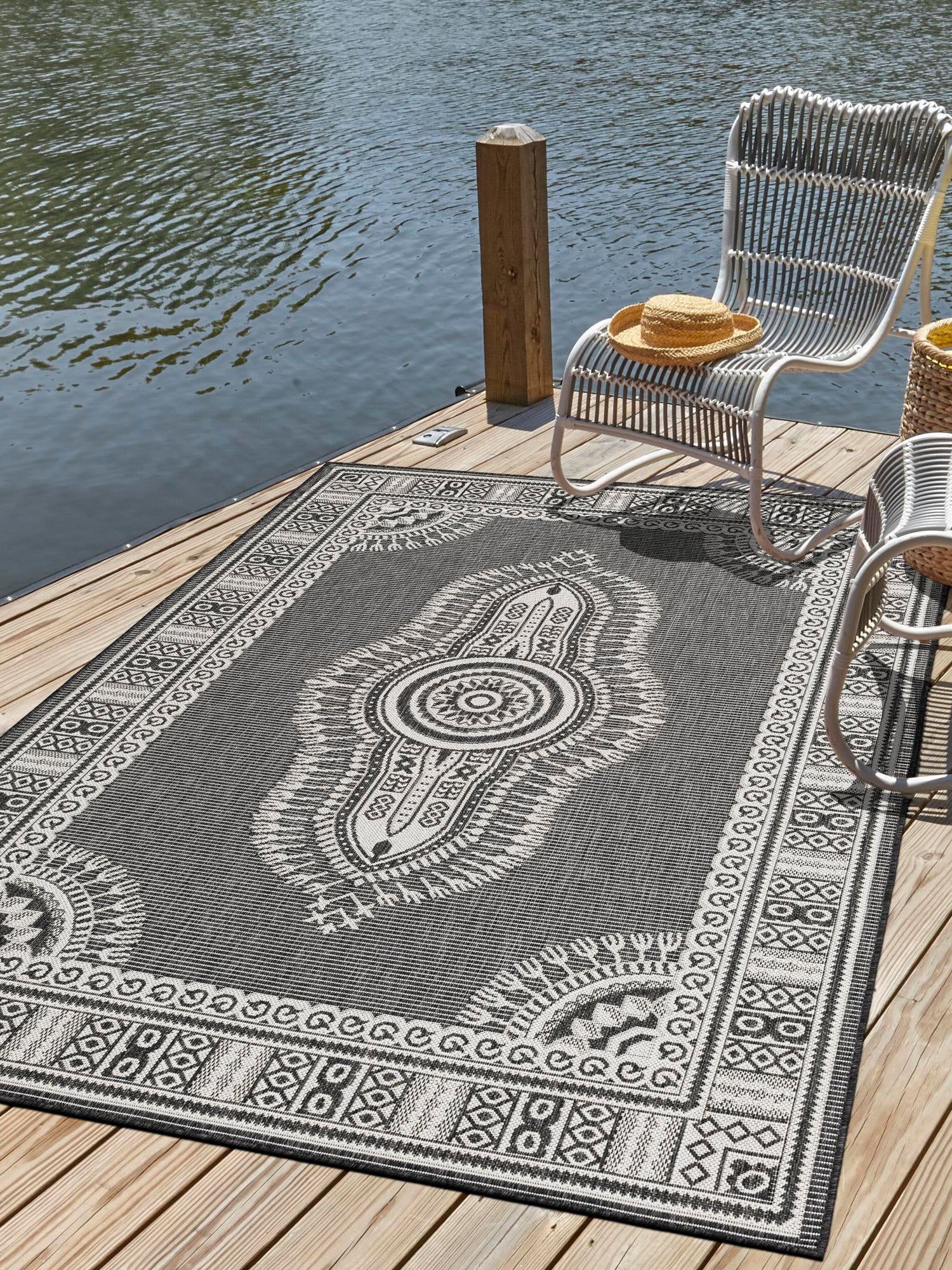 Black and White 6' 1 x 9' Outdoor Traditional Rectangle Area Rug Weather Resistant for Patio, Deck, Terrace, Balcony, Porch Classical Design Outside Carpet for Sale at Rug Engine