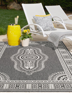 Black and White 4' 1 x 6' 1 Outdoor Traditional Rectangle Area Rug Weather Resistant for Patio, Deck, Terrace, Balcony, Porch Classical Design Outside Carpet for Sale at Rug Engine