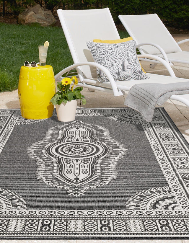 Black and White 4' 1 x 6' 1 Outdoor Traditional Rectangle Area Rug Weather Resistant for Patio, Deck, Terrace, Balcony, Porch Classical Design Outside Carpet for Sale at Rug Engine