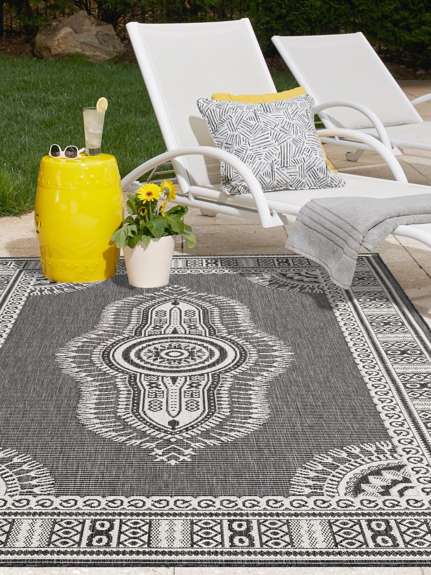 Black and White 6' 1 x 9' Outdoor Traditional Rectangle Area Rug Weather Resistant for Patio, Deck, Terrace, Balcony, Porch Classical Design Outside Carpet for Sale at Rug Engine