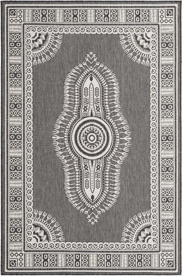 Black and White 5' 3 x 8' Outdoor Traditional Rectangle Area Rug Weather Resistant for Patio, Deck, Terrace, Balcony, Porch Classical Design Outside Carpet for Sale at Rug Engine