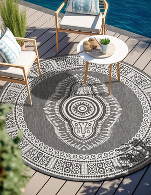 Black and White 7' 10 x 7' 10 Outdoor Traditional Round Area Rug Weather Resistant for Patio, Deck, Terrace, Balcony, Porch Classical Design Outside Carpet for Sale at Rug Engine