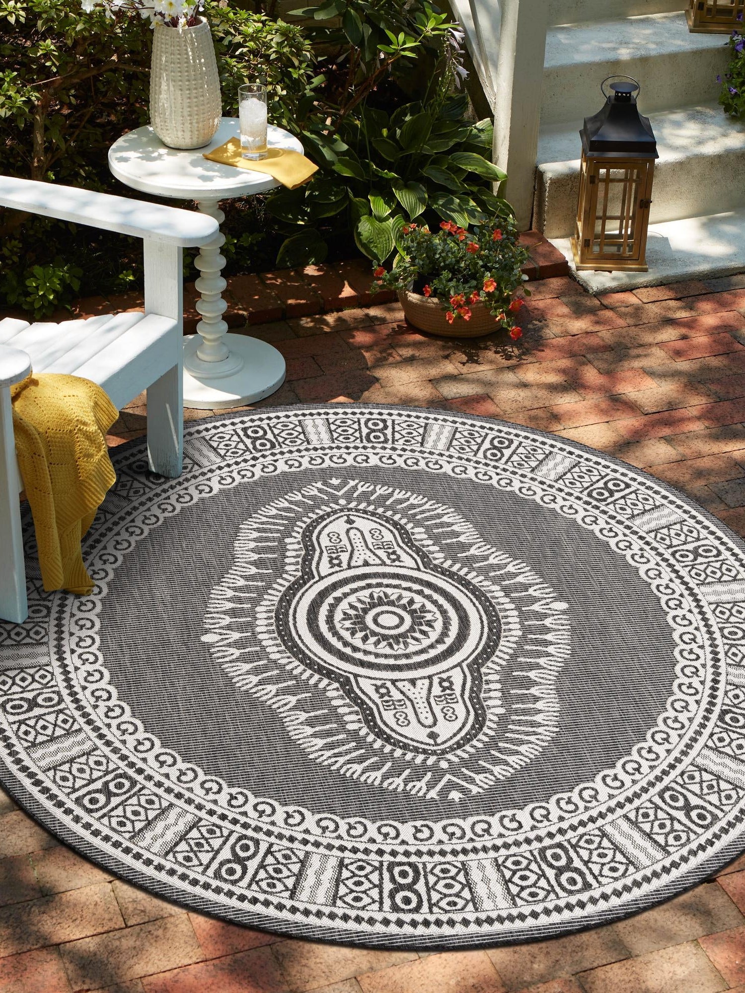 Black and White 7' 10 x 7' 10 Outdoor Traditional Round Area Rug Weather Resistant for Patio, Deck, Terrace, Balcony, Porch Classical Design Outside Carpet for Sale at Rug Engine