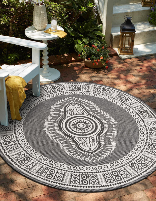 Black and White 12' x 12' Outdoor Traditional Round Area Rug Weather Resistant for Patio, Deck, Terrace, Balcony, Porch Classical Design Outside Carpet for Sale at Rug Engine