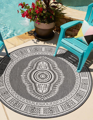 Black and White 7' 10 x 7' 10 Outdoor Traditional Round Area Rug Weather Resistant for Patio, Deck, Terrace, Balcony, Porch Classical Design Outside Carpet for Sale at Rug Engine