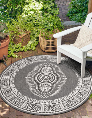 Black and White 7' 10 x 7' 10 Outdoor Traditional Round Area Rug Weather Resistant for Patio, Deck, Terrace, Balcony, Porch Classical Design Outside Carpet for Sale at Rug Engine