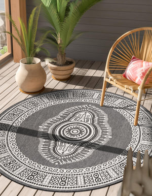 Black and White 3' 1 x 3' 1 Outdoor Traditional Round Area Rug Weather Resistant for Patio, Deck, Terrace, Balcony, Porch Classical Design Outside Carpet for Sale at Rug Engine