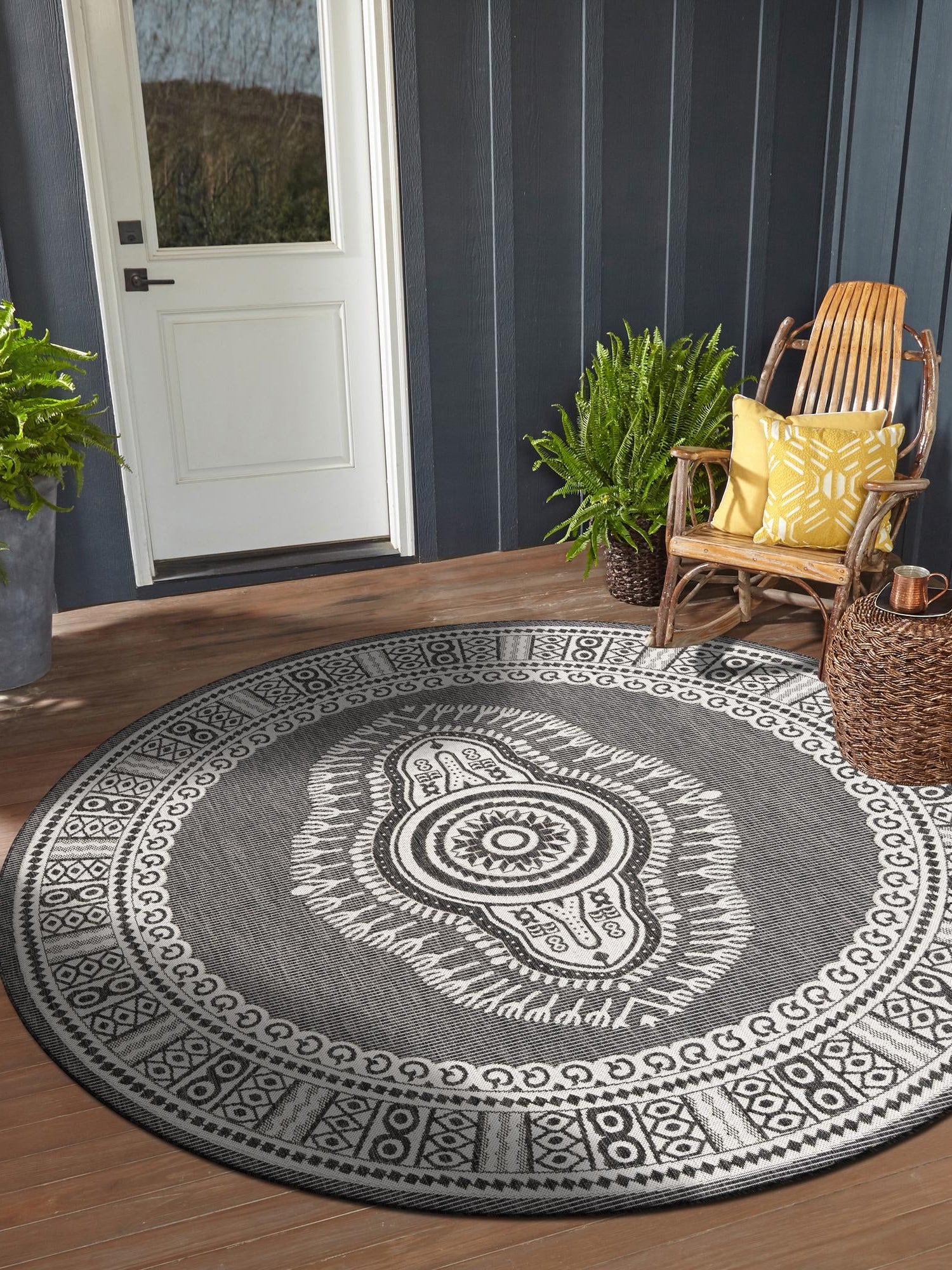 Black and White 6' 1 x 6' 1 Outdoor Traditional Round Area Rug Weather Resistant for Patio, Deck, Terrace, Balcony, Porch Classical Design Outside Carpet for Sale at Rug Engine