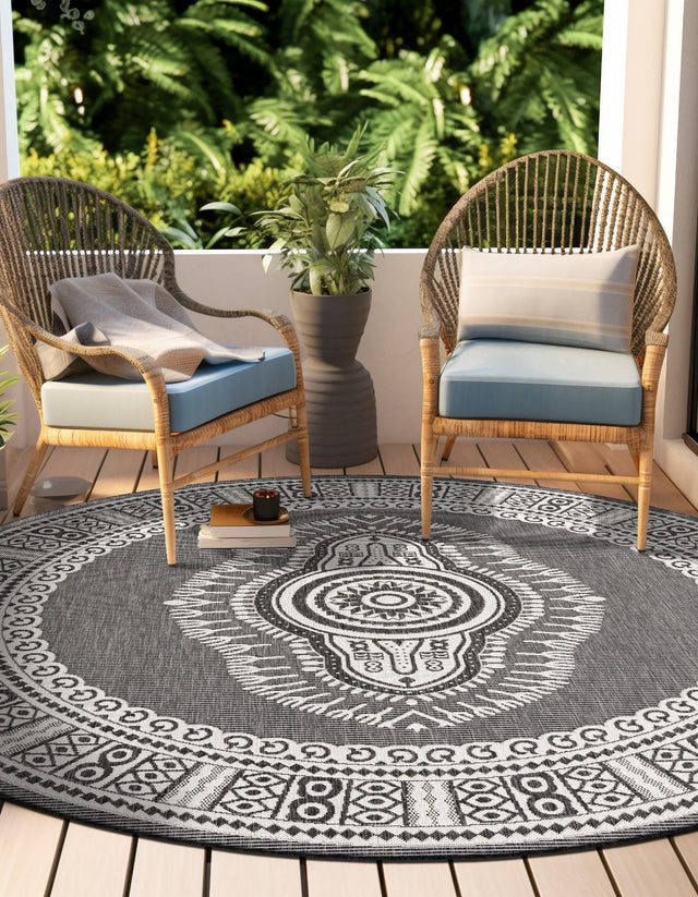 Black and White 7' 10 x 7' 10 Outdoor Traditional Round Area Rug Weather Resistant for Patio, Deck, Terrace, Balcony, Porch Classical Design Outside Carpet for Sale at Rug Engine