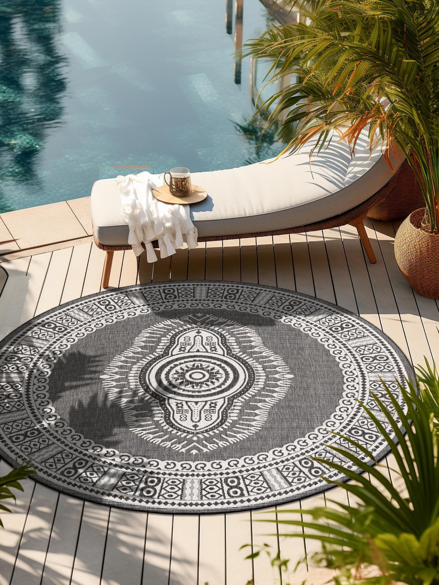Black and White 3' 1 x 3' 1 Outdoor Traditional Round Area Rug Weather Resistant for Patio, Deck, Terrace, Balcony, Porch Classical Design Outside Carpet for Sale at Rug Engine