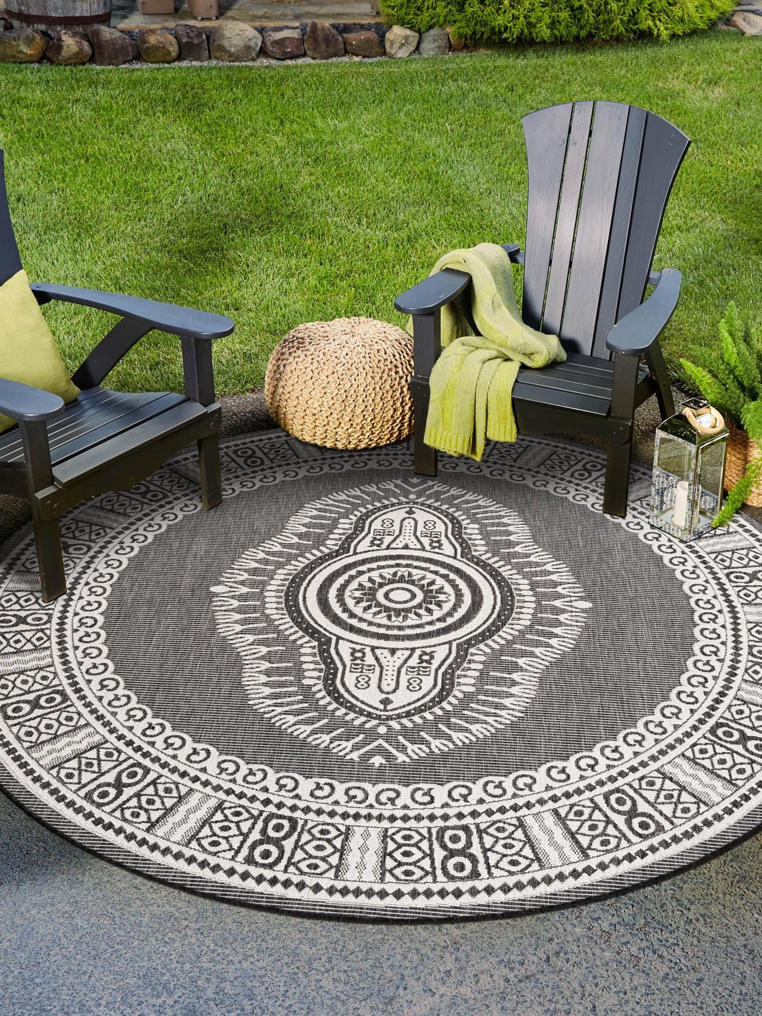 Black and White 7' 10 x 7' 10 Outdoor Traditional Round Area Rug Weather Resistant for Patio, Deck, Terrace, Balcony, Porch Classical Design Outside Carpet for Sale at Rug Engine