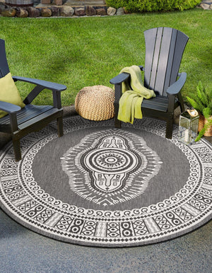 Black and White 7' 10 x 7' 10 Outdoor Traditional Round Area Rug Weather Resistant for Patio, Deck, Terrace, Balcony, Porch Classical Design Outside Carpet for Sale at Rug Engine