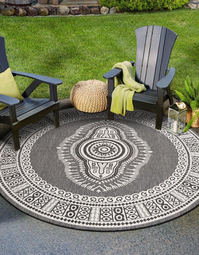 Black and White 7' 10 x 7' 10 Outdoor Traditional Round Area Rug Weather Resistant for Patio, Deck, Terrace, Balcony, Porch Classical Design Outside Carpet for Sale at Rug Engine
