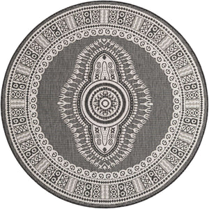 Black and White 6' 1 x 6' 1 Outdoor Traditional Round Area Rug Weather Resistant for Patio, Deck, Terrace, Balcony, Porch Classical Design Outside Carpet for Sale at Rug Engine