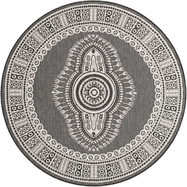 Black and White 6' 1 x 6' 1 Outdoor Traditional Round Area Rug Weather Resistant for Patio, Deck, Terrace, Balcony, Porch Classical Design Outside Carpet for Sale at Rug Engine