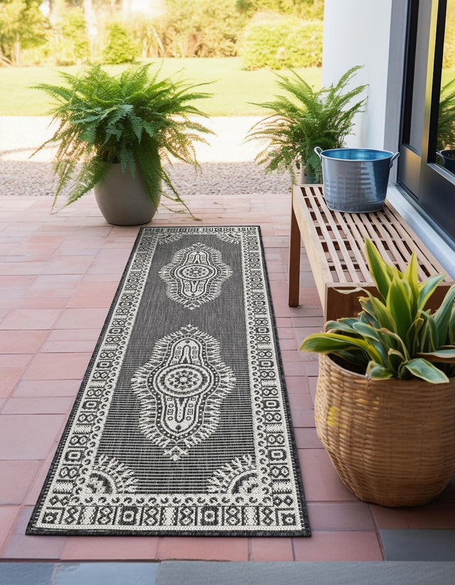 Black and White 2' x 6' 1 Outdoor Traditional Runner Area Rug Weather Resistant for Patio, Deck, Terrace, Balcony, Porch Classical Design Outside Carpet for Sale at Rug Engine